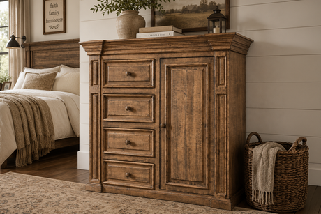 Wooden dresser in a bedroom with a bed and basket in the background