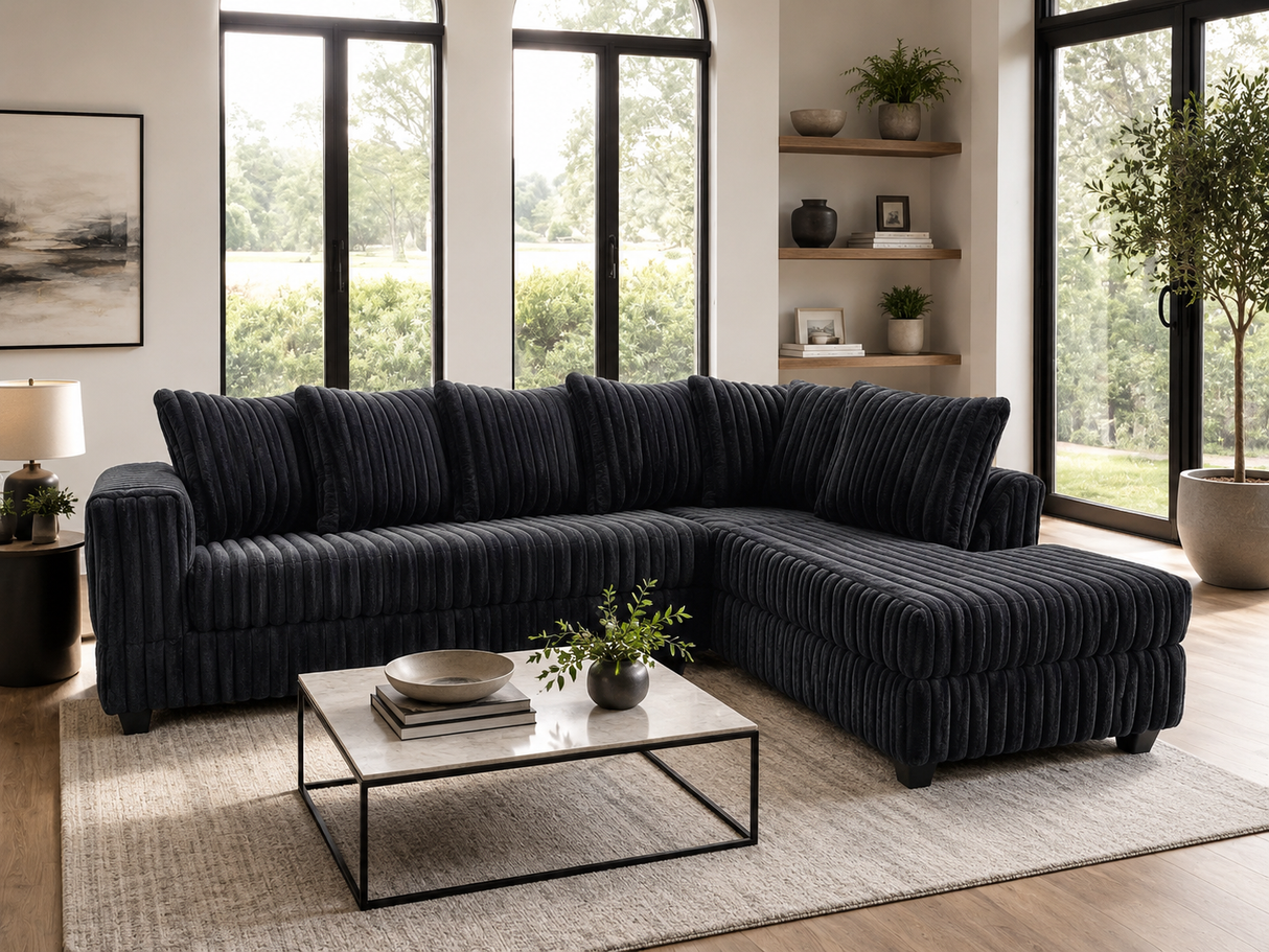 Modern Black Ribbed 2 Piece L-Shaped Sectional Sofa with LAF Sofa, RAF Chaise & Plush Channel Design