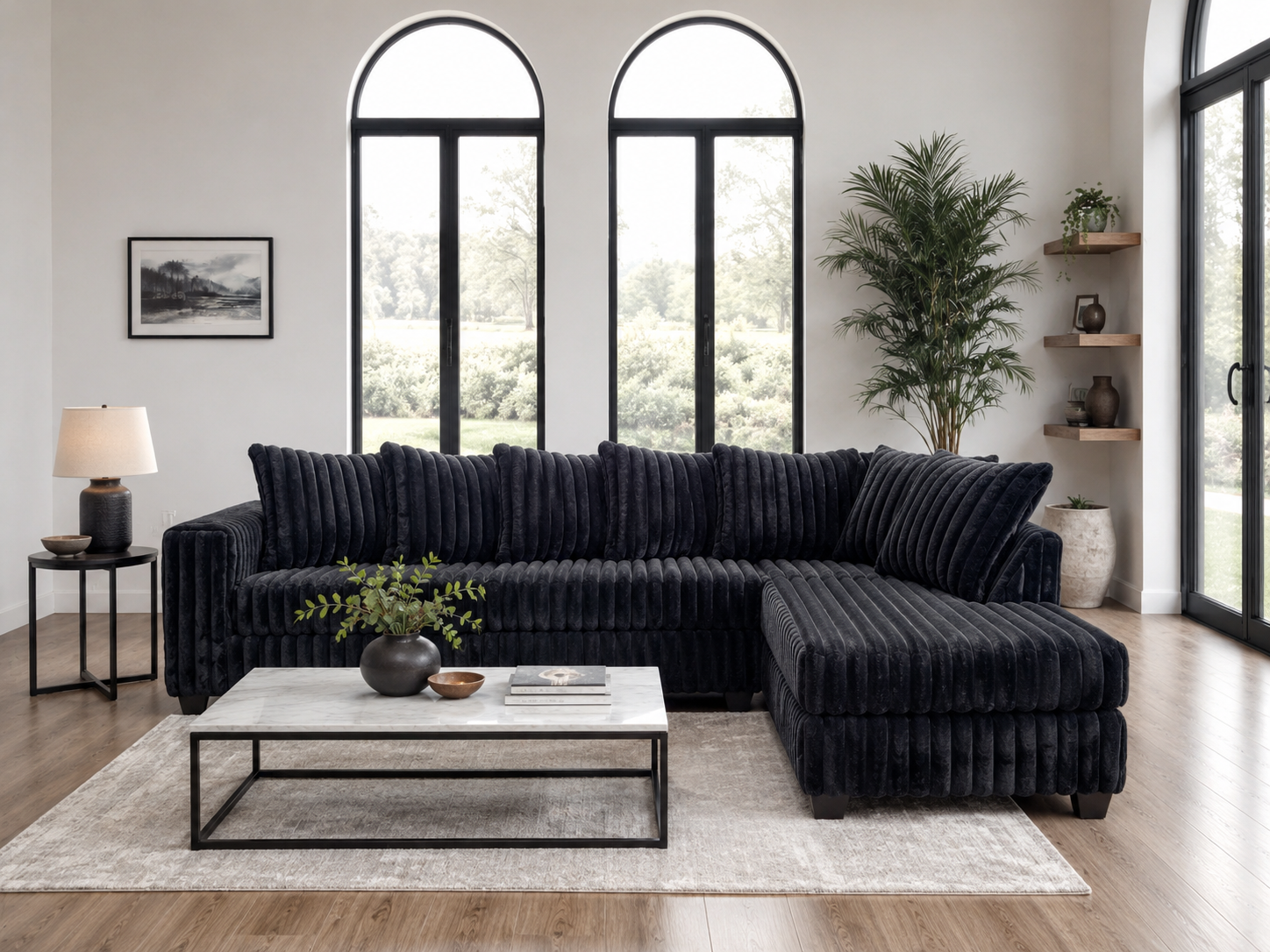 Modern Black Ribbed 2 Piece L-Shaped Sectional Sofa with LAF Sofa, RAF Chaise & Plush Channel Design