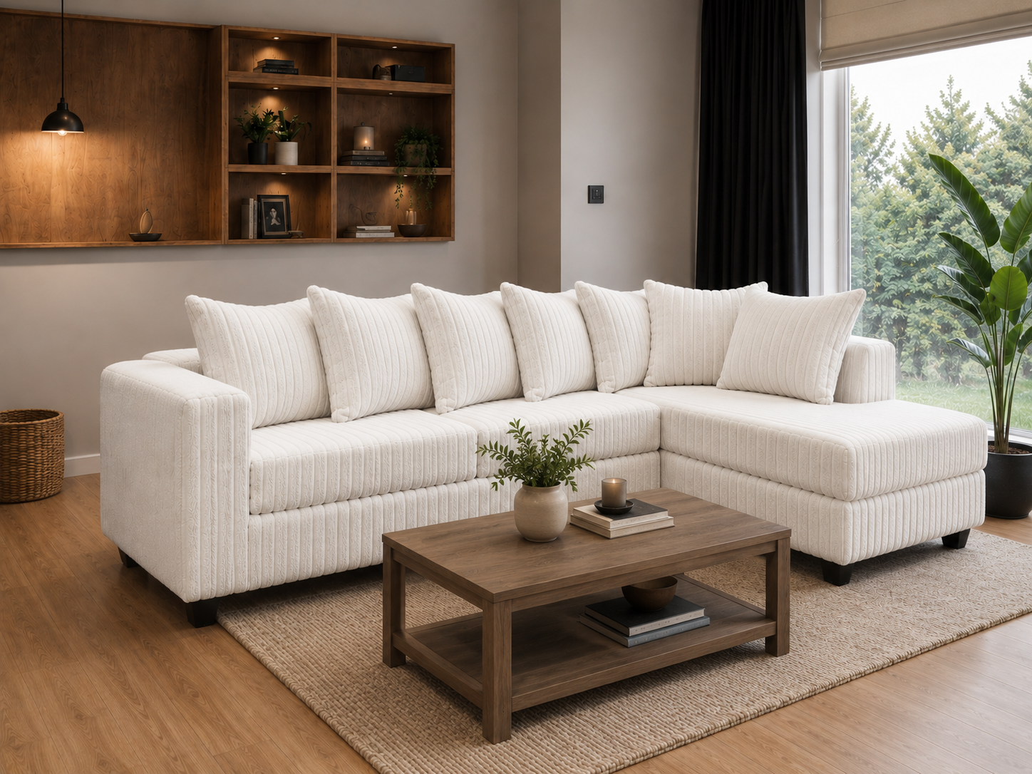 Modern Beige Ribbed 2 Piece L-Shaped Sectional Sofa with RAF Chaise
