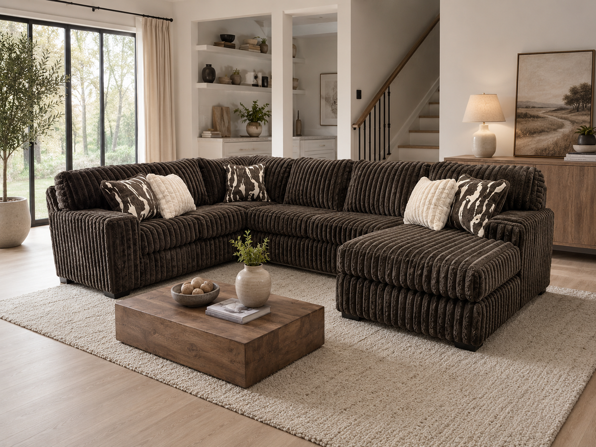 Contemporary Chocolate Brown Corduroy L-Shaped Sectional Sofa with Oversized Chaise, Deep Seating & Ribbed Plush Design