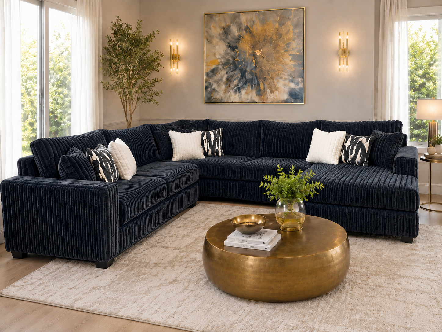 Modern Black Plush Corduroy 4 Piece Sectional Sofa with LAF Sofa, 2 Armless Chairs, RAF Chaise & 9 Pillows