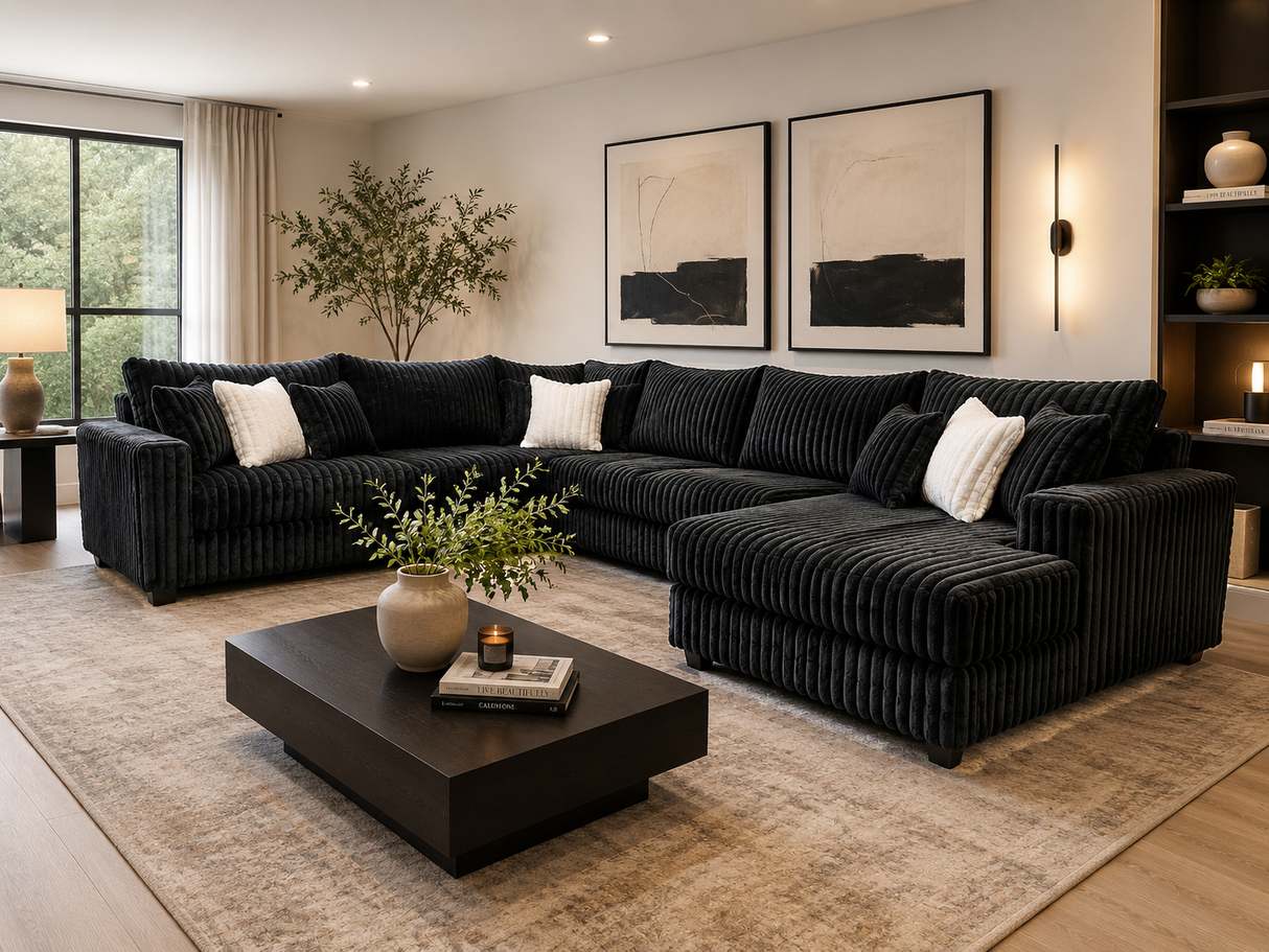 Modern Black Plush Corduroy 4 Piece Sectional Sofa with LAF Sofa, 2 Armless Chairs, RAF Chaise & 9 Pillows