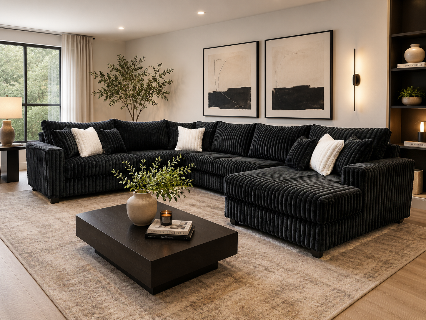Modern Black Plush Corduroy 4 Piece Sectional Sofa with LAF Sofa, 2 Armless Chairs, RAF Chaise & 9 Pillows