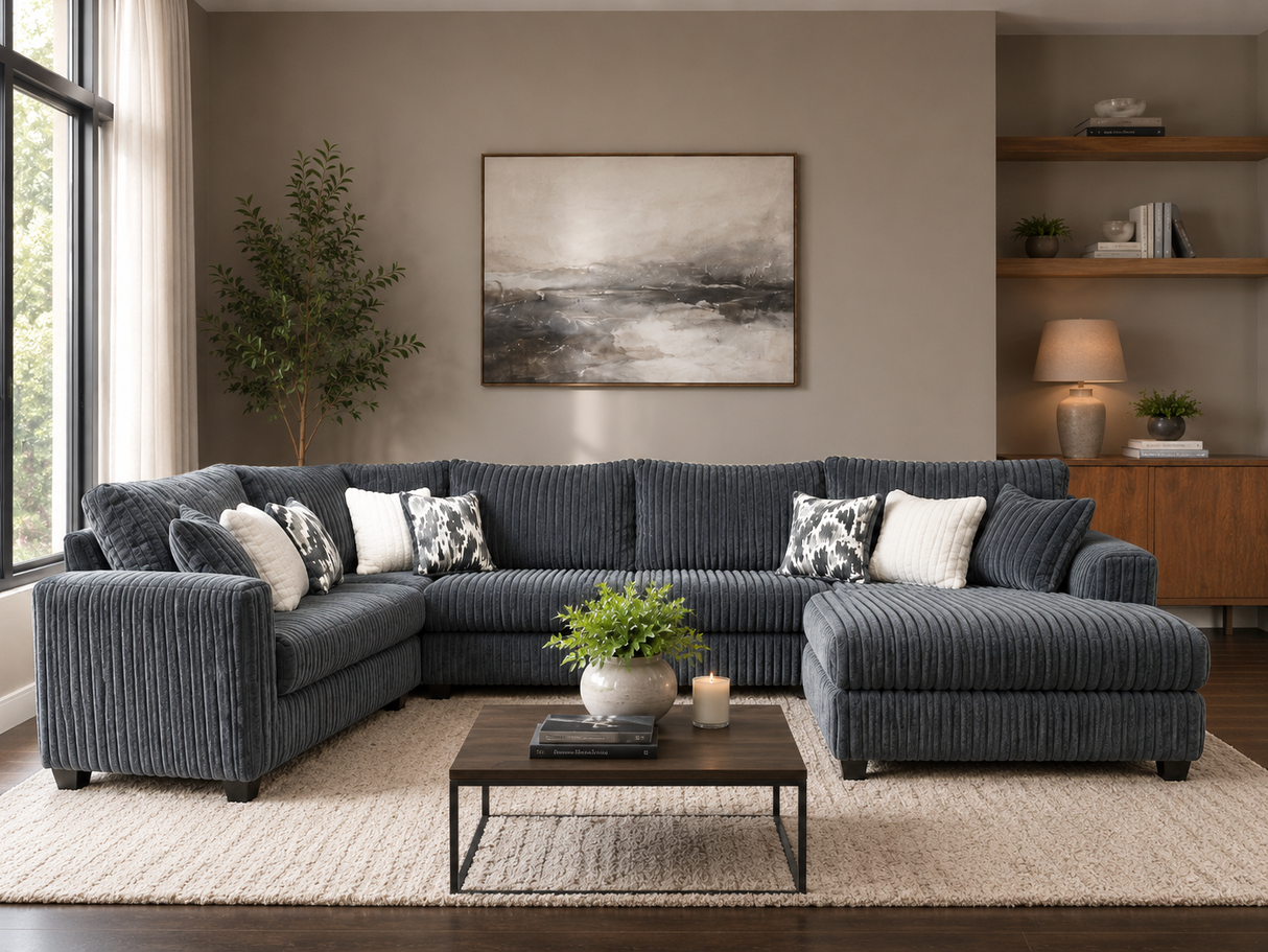 Modern Charcoal Corduroy 4 Piece Sectional with RAF Chaise and 9 Pillows