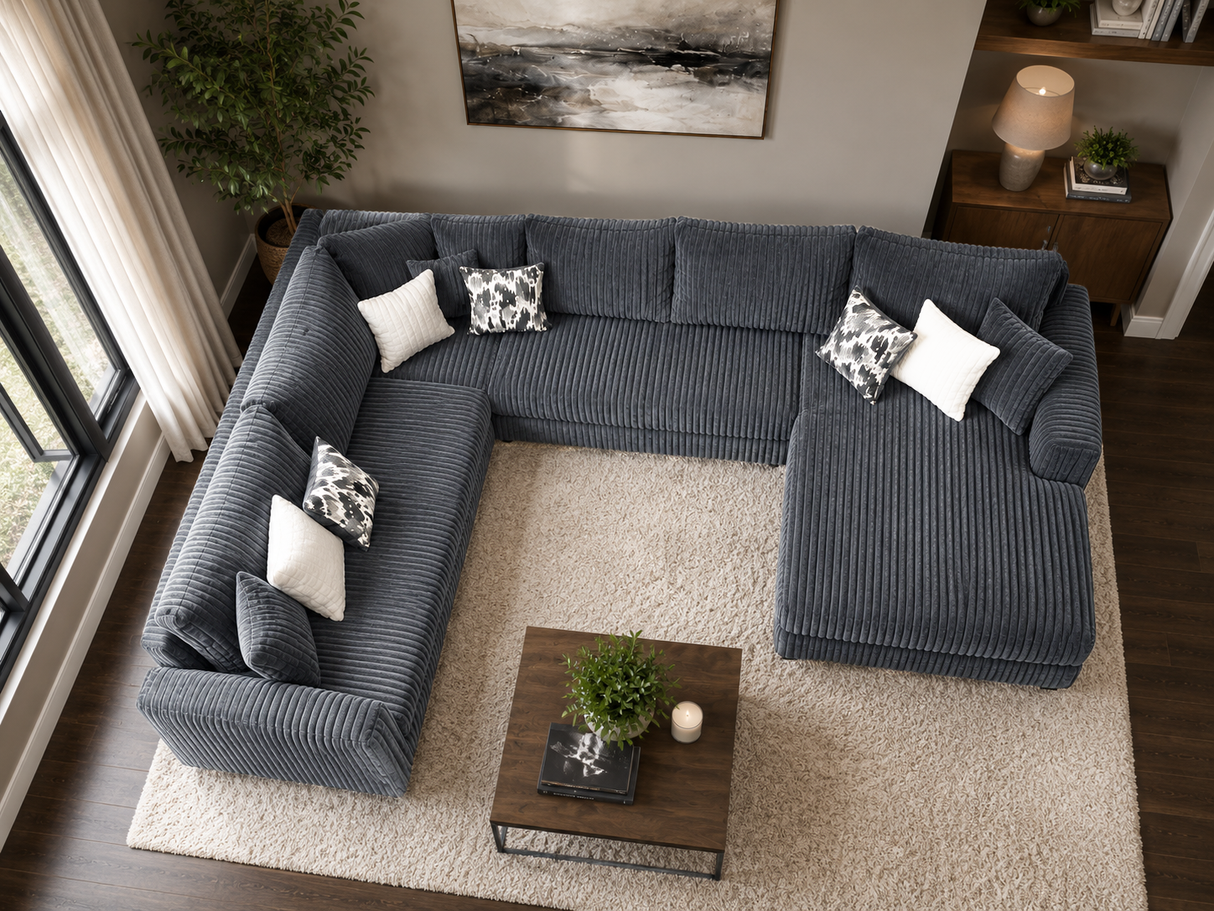 Modern Charcoal Corduroy 4 Piece Sectional with RAF Chaise and 9 Pillows