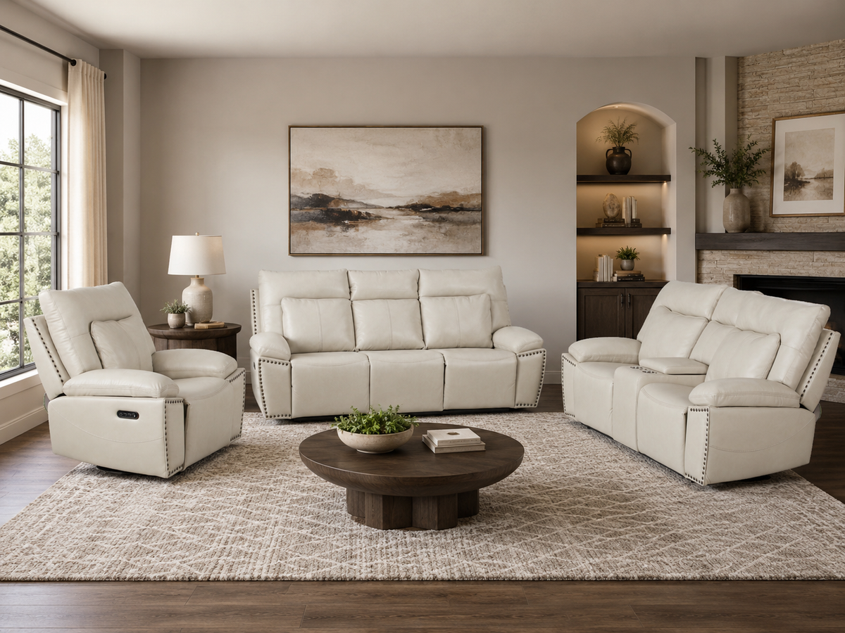 3-Piece Top Grain Leather Power Reclining Living Room Set with Console, Drop-Down Table, Cup Holders and USB (Cream)