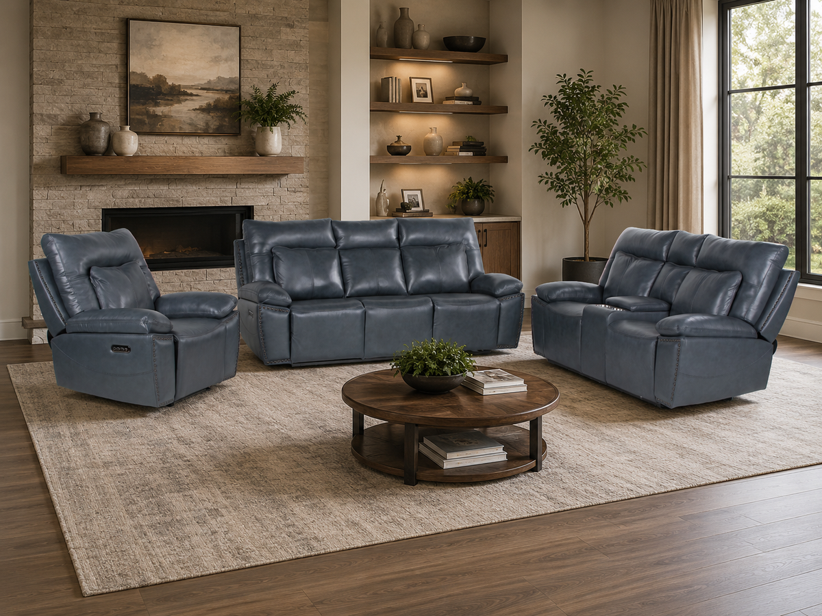 Modern 3-Piece Top Grain Leather Power Reclining Living Room Set with Console, Drop-Down Table, Cup Holders and USB (Slate)