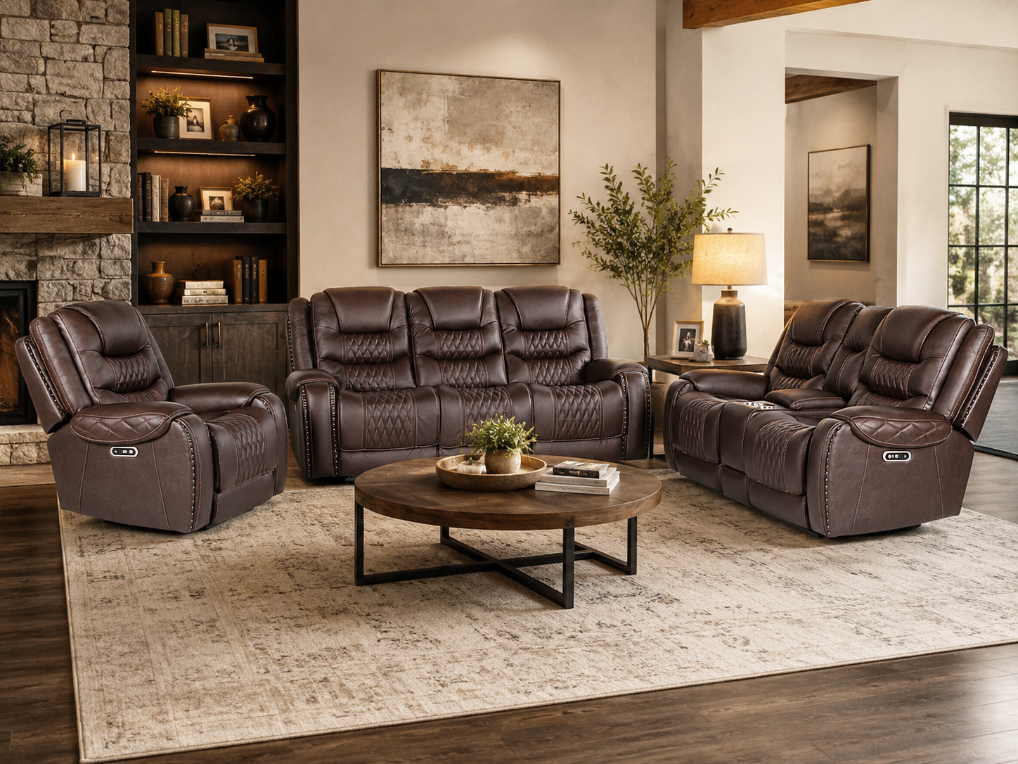 Umber Contemporary Top Grain Leather 3-Piece Dual Power Reclining Living Room Set with Console, USB & Wireless Charging