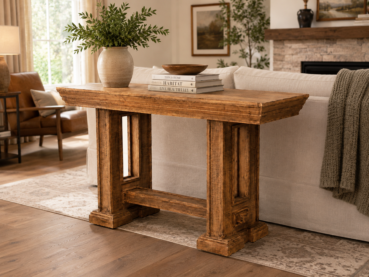 Rustic Brown Farmhouse Sofa Table with Pedestal Base Design