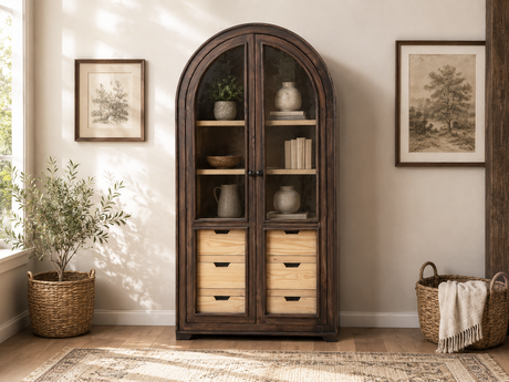 Rustic Brown Arched Glass Door Curio Cabinet with 6 Drawers