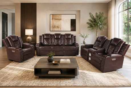 Brown 3 Piece Power Reclining Living Room Set w/ Power Headrests, LED, USB & Console Audio - view 3
