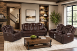 Brown 3 Piece Power Reclining Living Room Set w/ Power Headrests, LED, USB & Console Audio
