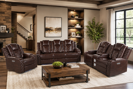 Brown 3 Piece Power Reclining Living Room Set w/ Power Headrests, LED, USB & Console Audio - view 2