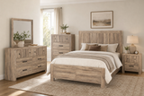 Wooden bedroom furniture set with bed, dressers, and nightstands in a room.