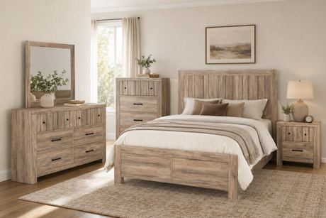 Weathered oak queen panel bedroom set with dresser, mirror, and nightstand at Bel Furniture