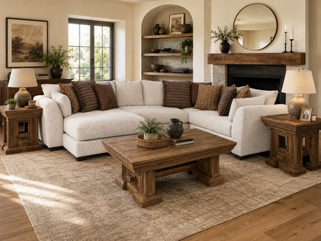 Cozy living room with a beige sectional sofa, wooden coffee table, and decorative elements.