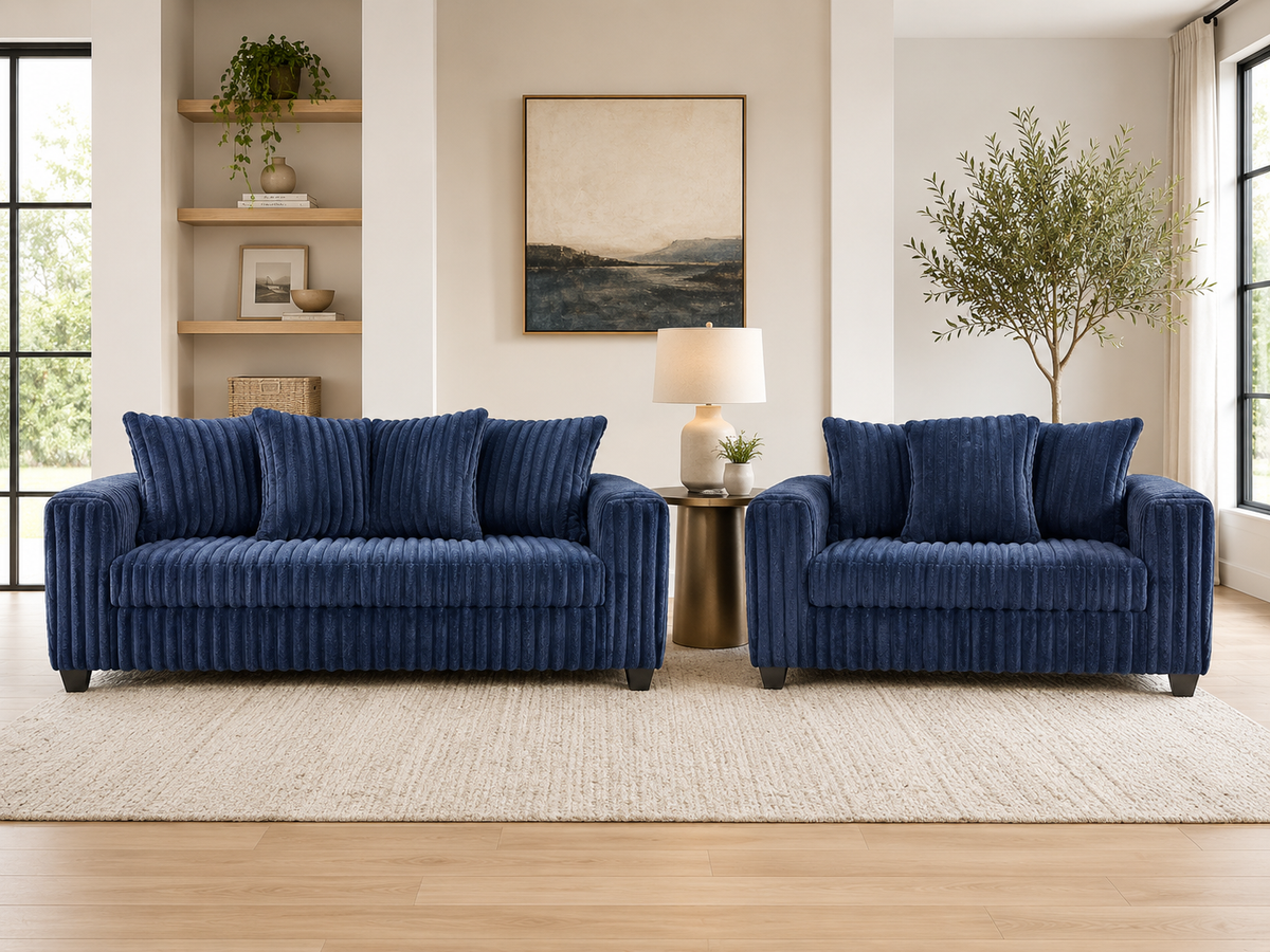 Contemporary Navy Blue Corduroy Fabric 2-Piece Sofa and Loveseat Set