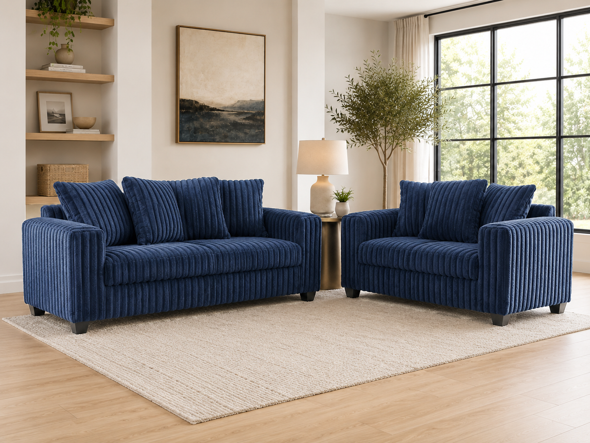 Contemporary Navy Blue Corduroy Fabric 2-Piece Sofa and Loveseat Set