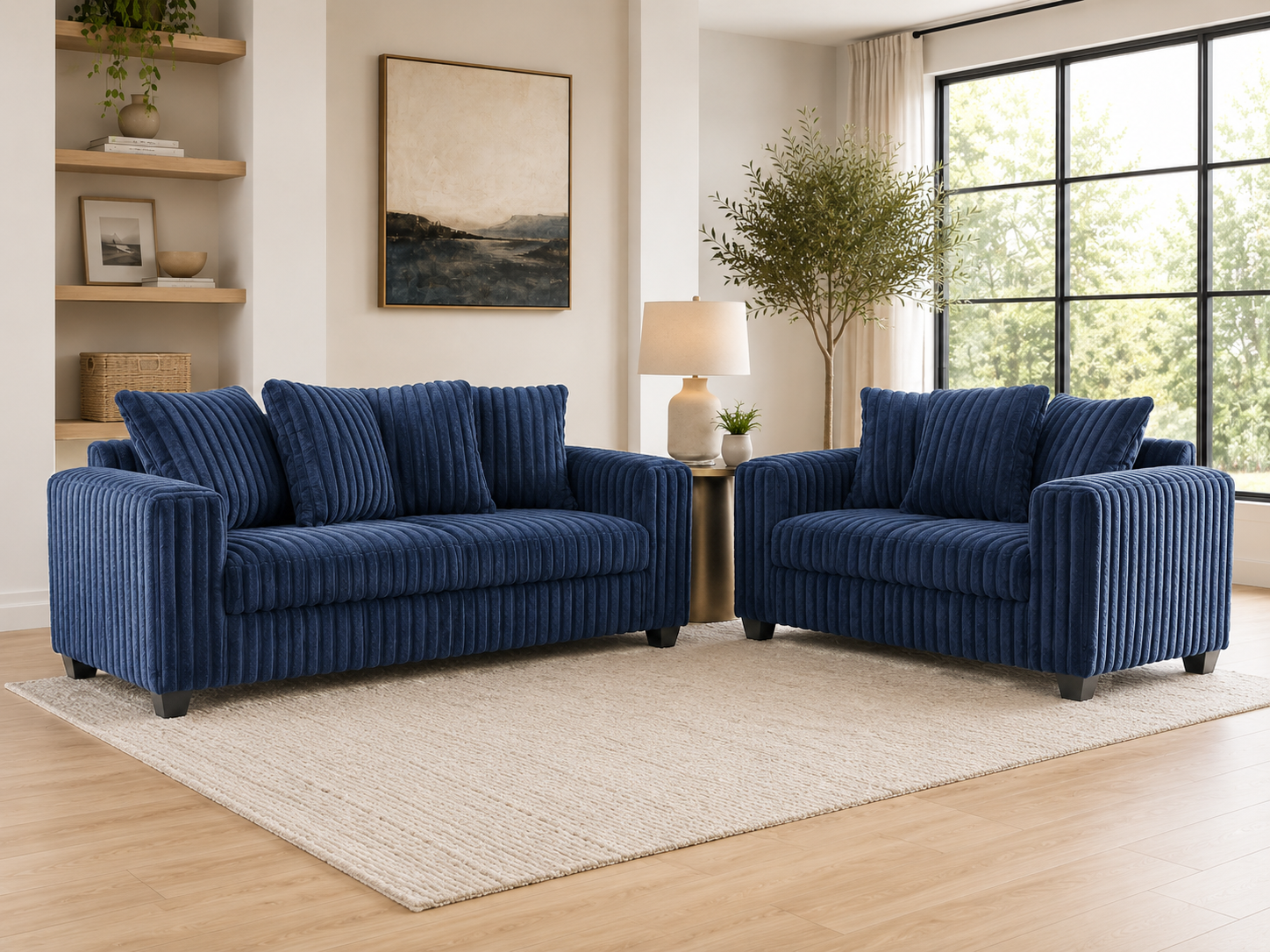 Contemporary Navy Blue Corduroy Fabric 2-Piece Sofa and Loveseat Set