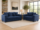 Contemporary Navy Blue Corduroy Fabric 2-Piece Sofa and Loveseat Set