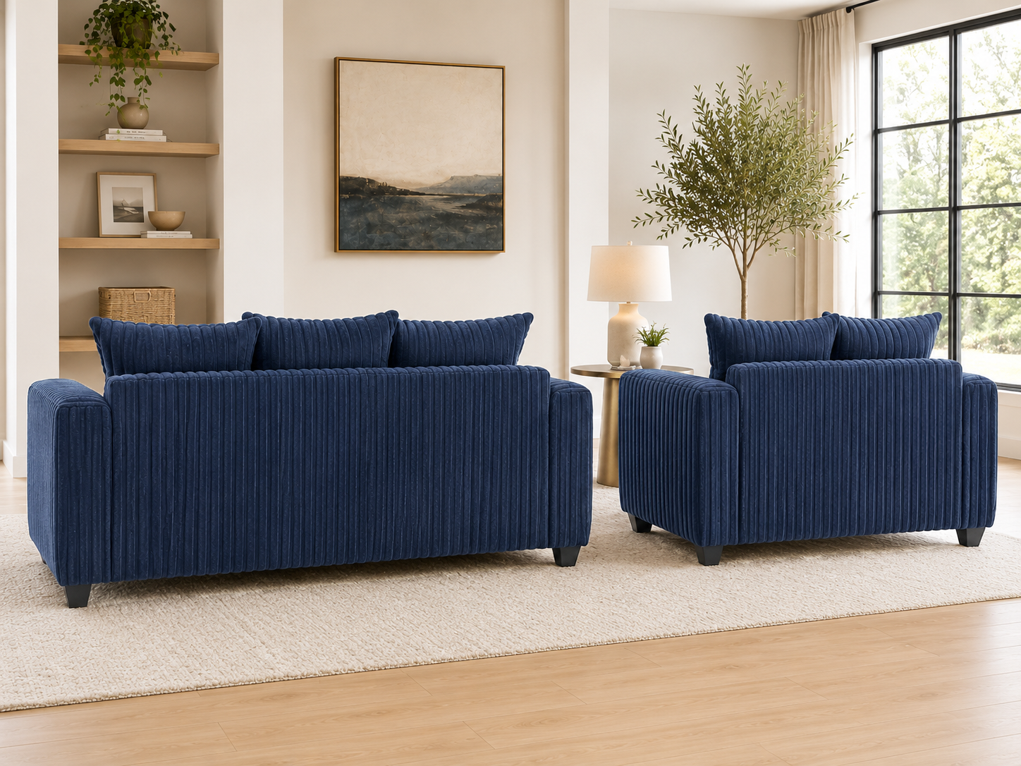 Contemporary Navy Blue Corduroy Fabric 2-Piece Sofa and Loveseat Set
