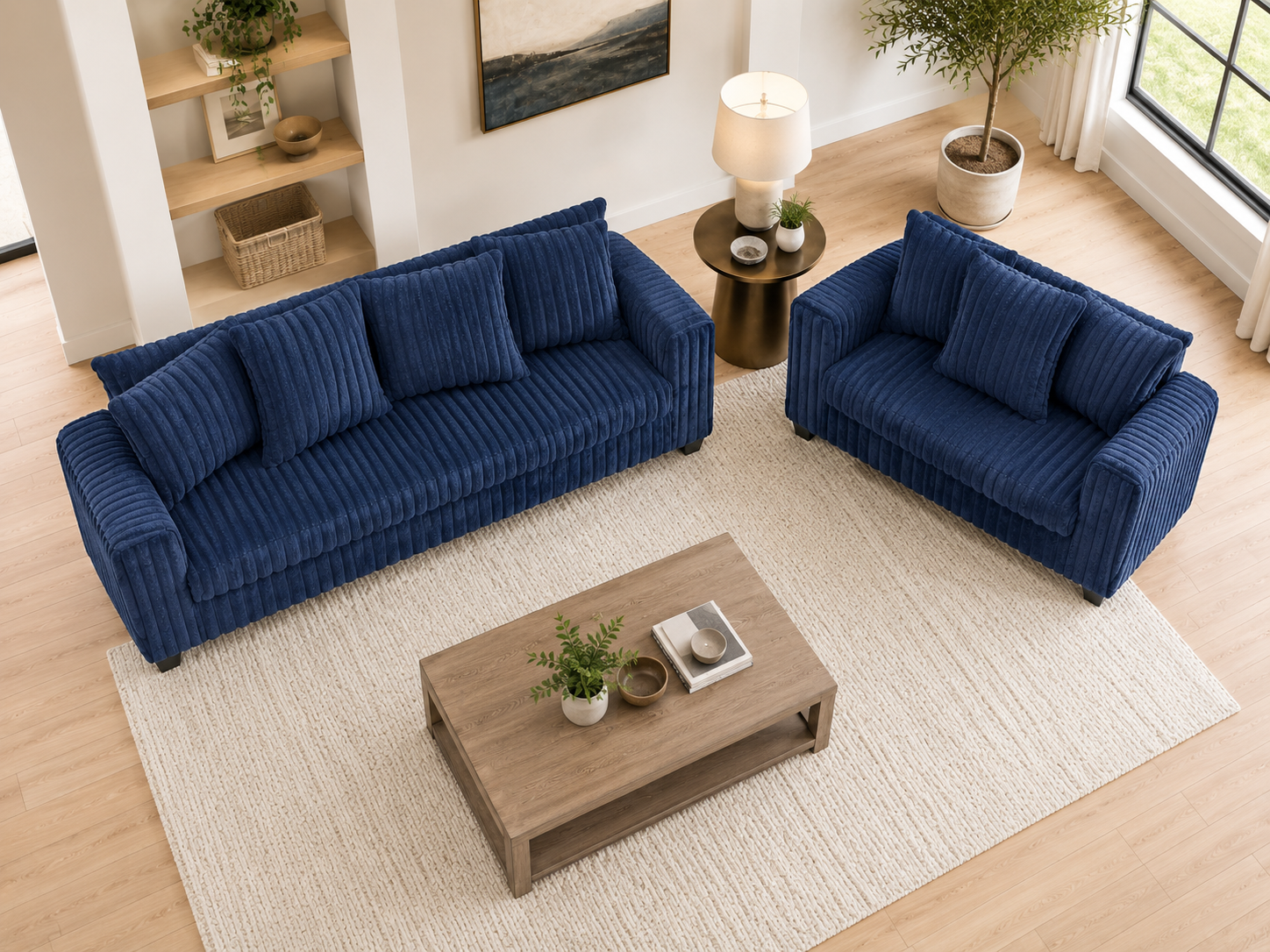 Contemporary Navy Blue Corduroy Fabric 2-Piece Sofa and Loveseat Set