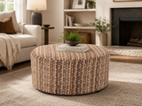 Contemporary Brown Geometric Pattern Fabric Round Ottoman