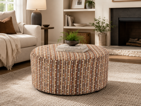 Contemporary Brown Geometric Pattern Fabric Round Ottoman