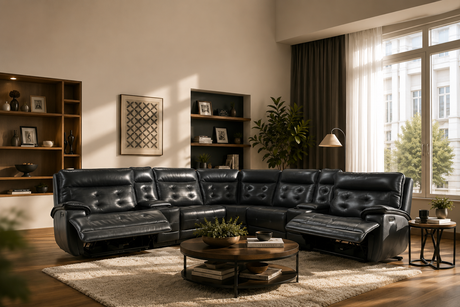 Black Leather Power Reclining Sectional Sofa with 2 Consoles, USB & Wireless Charger - view 3