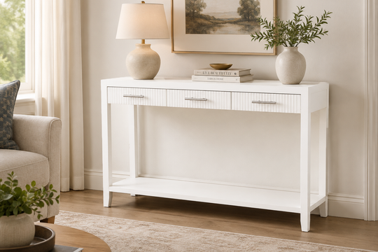 White Coastal Contemporary Fluted Console Table with 3 Drawers & Shelf