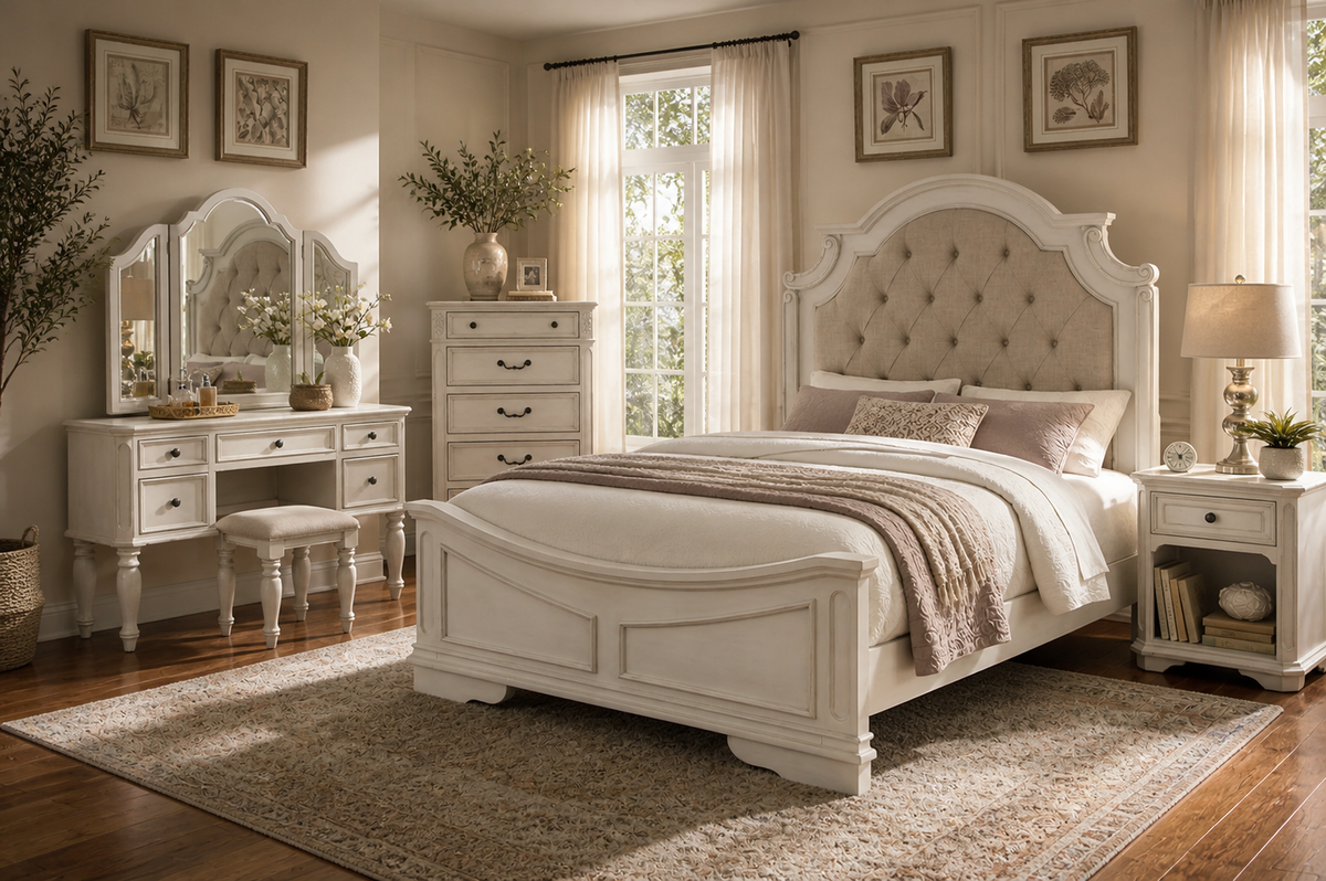 Magnolia 7-Piece Bedroom Set with Tufted Upholstered Bed, Vanity Desk, Tri-Fold Mirror, Stool & Nightstand – Savanna White Finish