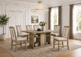 Transitional White Oak 7-Piece Dining Set with Storage Base & Beige Chairs