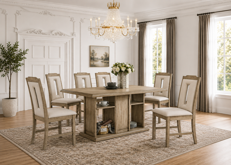 Transitional White Oak 7-Piece Dining Set with Storage Base & Beige Chairs