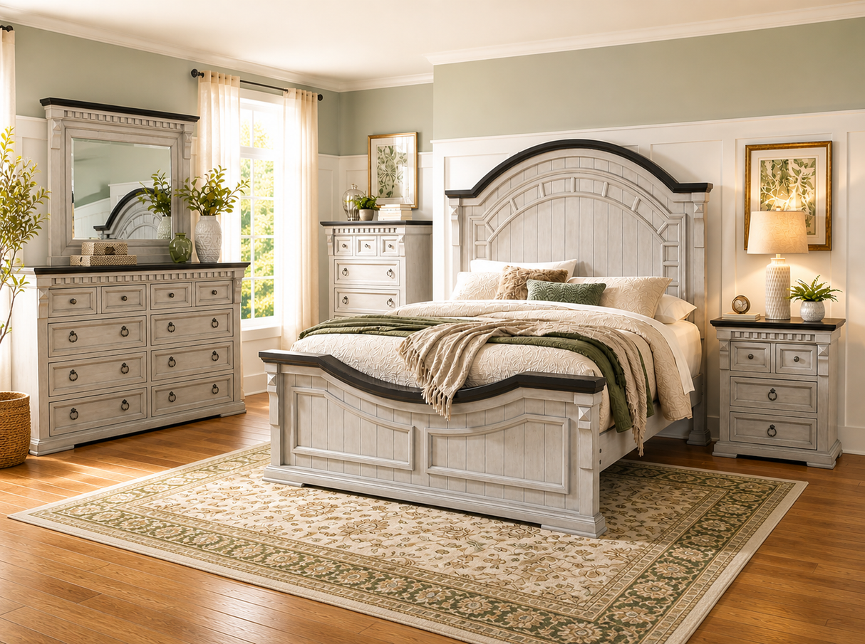 Mission Crest Rustic Farmhouse 6-Piece Bedroom Set – Two-Tone Gray/White Panel Bed