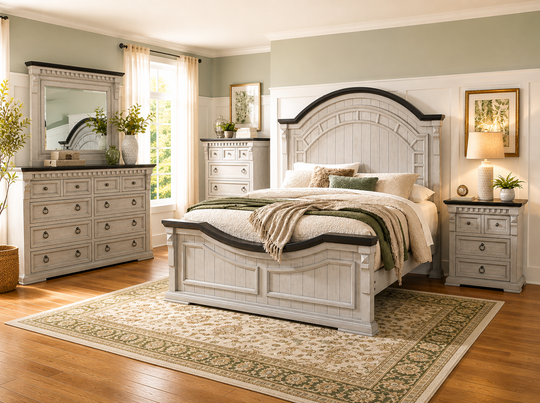 Mission Crest Rustic Farmhouse 6-Piece Bedroom Set – Two-Tone Gray/White Panel Bed