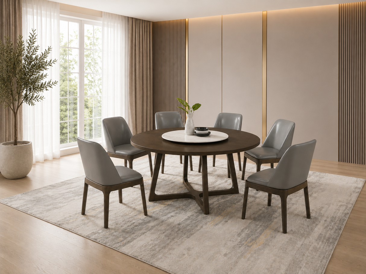 Modern 7-Piece Round Dining Table Set with Faux Marble Lazy Susan and Grey PU Chairs