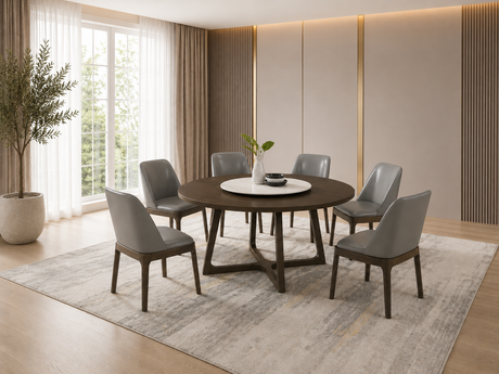 Modern 7-Piece Round Dining Table Set with Faux Marble Lazy Susan and Grey PU Chairs - view 2
