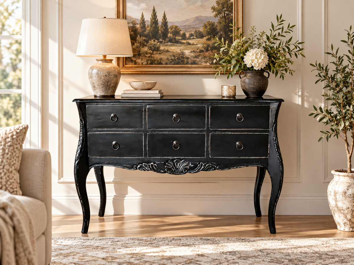 Antique Black Mahogany 6-Drawer Console Table with Carved Details & Cabriole Legs