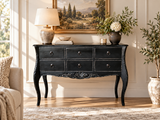 Antique Black Mahogany 6-Drawer Console Table with Carved Details & Cabriole Legs