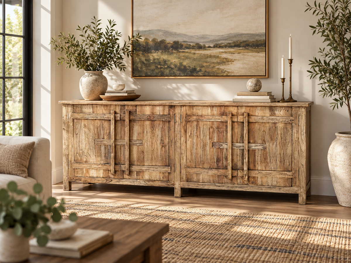 Natural Brown 87-Inch Reclaimed Wood 4-Door Sideboard with Wooden Latches