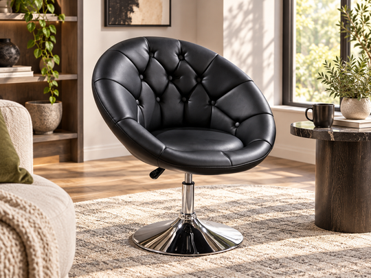 Black Height-Adjustable Swivel Chair with Button Tufting & Silver Base