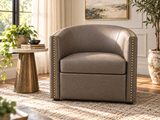 Taupe Brown Faux Leather Swivel Barrel Accent Chair with Brass-Tone Nailhead Trim
