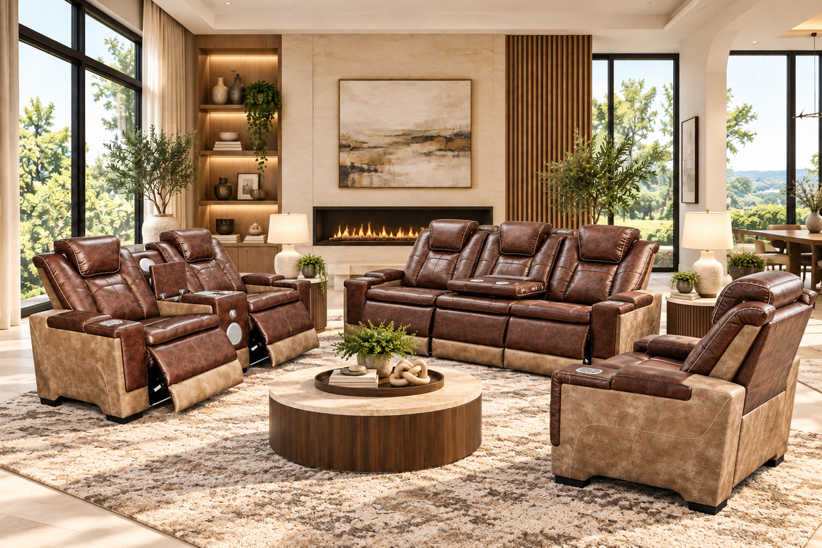 Brown & Light Brown 3-Piece Power Reclining Living Room Set with Power Headrests, Bluetooth Speakers & LED Lights