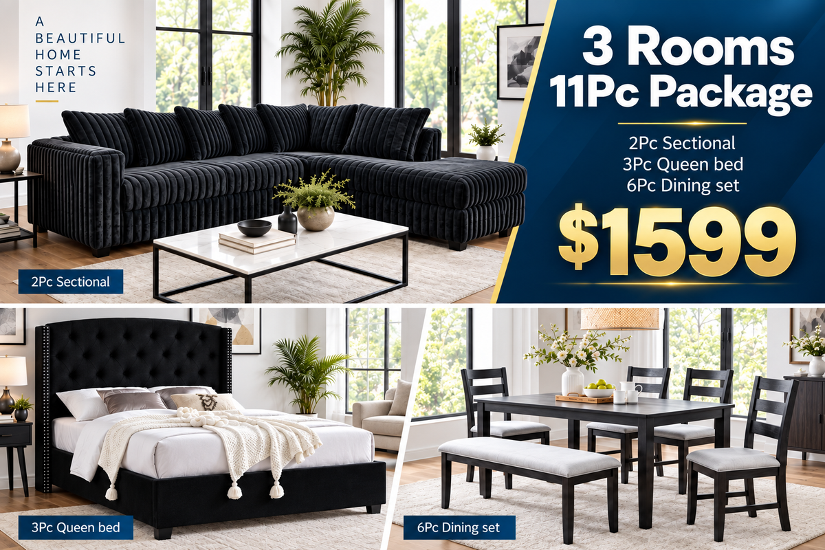 Black 11-Piece 3-Room Furniture Package with Sectional, Queen Bed & Dining Set