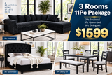Black 11-Piece 3-Room Furniture Package with Sectional, Queen Bed & Dining Set