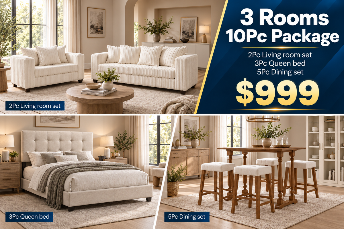 Modern Cream, Gray & Brown 10-Piece 3-Room Furniture Package