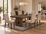 Rustic Brown Ash Veneer 7-Piece Trestle Dining Set with Fossil Beige Tufted Chairs
