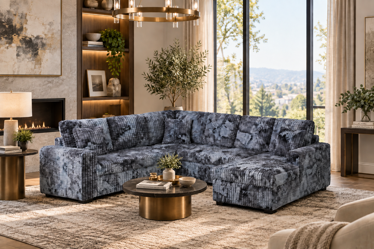 Grey Coduroy 3-Piece Sectional Sofa with Right Chaise — Textured Plush Fabric