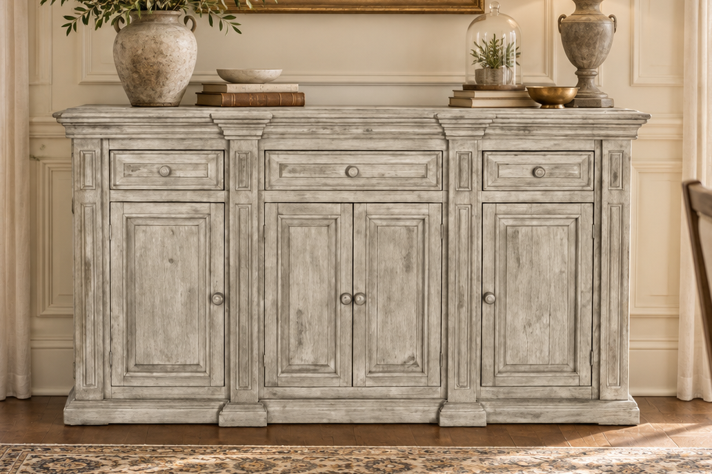 80-Inch Distressed Whitewash Sideboard Buffet with 3 Drawers and 4 Doors